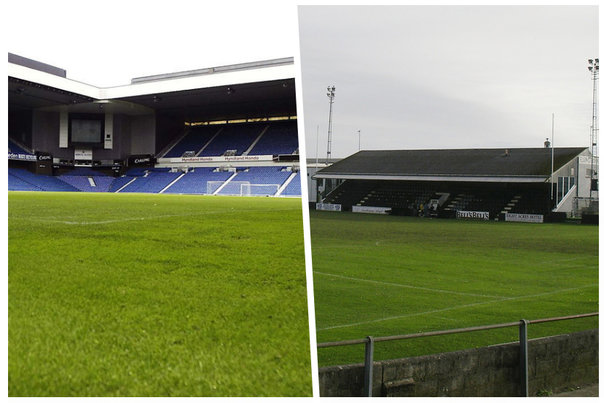 Til venstre ses Rangers' stadion, Ibrox Stadium, hvor der ved hjemmekampene er over 45.000 tilskuere. Til højre ses Elgin Citys stadion, hvor knap 800 fans møder op i gennemsnit ved hjemmekampene. Hvad er ligheden? Begge hold spiller i den skotske 3. division. Foto: Ikke oplyst