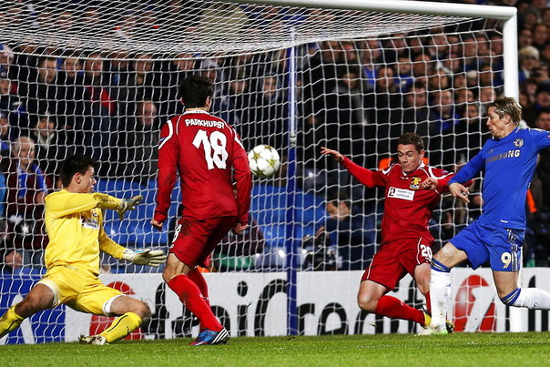 Fernando Torres (blå trøje) scorer i Chelseas storsejr over FCN. Foto: KERIM OKTEN