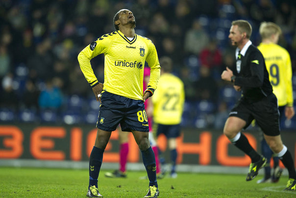 Brøndby-spillerne, heriblandt Quincy Antipas, kan ikke vide sig sikre på at få lønnen for december. Foto: Jens Nørgaard Larsen